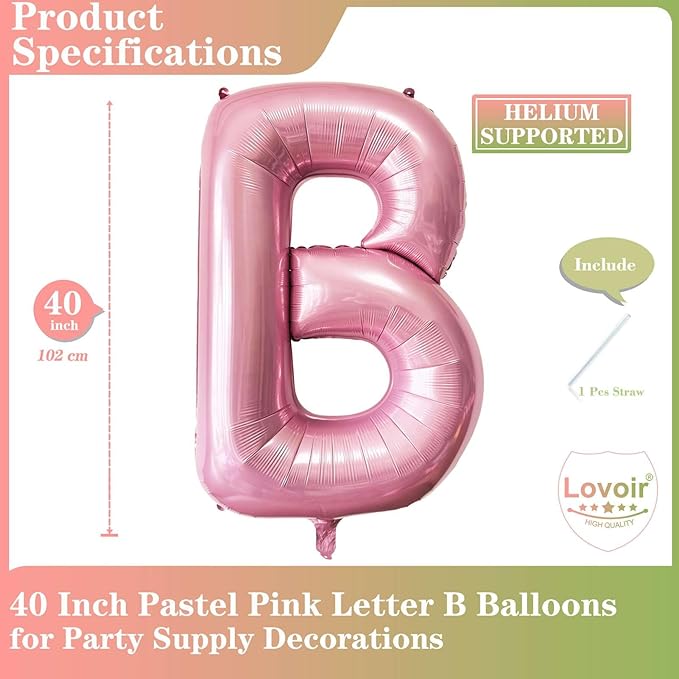 Pink Letter B Balloons, 40 Inch Pastel Foil Mylar Helium for Birthday Party Supplies, Anniversary Event Celebration Decorations, Alphabet B