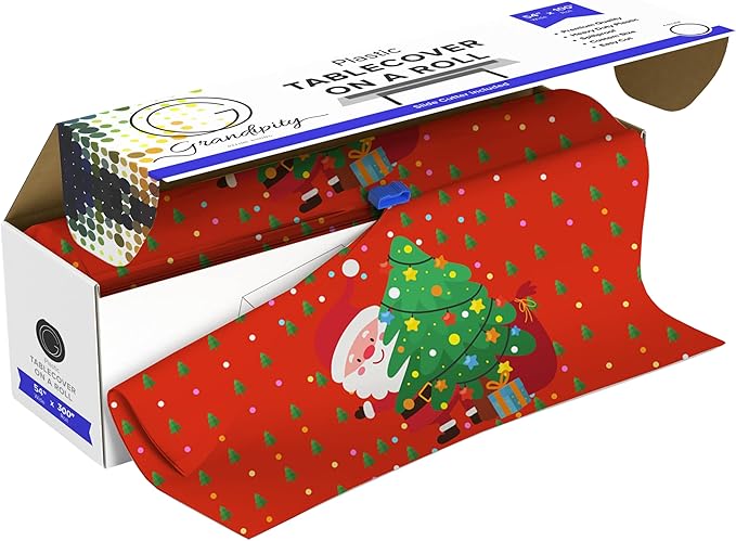 Grandipity Plastic Tablecloth Roll - 54in x 300 Ft. Santa Plastic Table Cloths for Parties Disposable with Cutter Box - Cut to Size Disposable Tablecloth Table Cover for Rectangle & Round