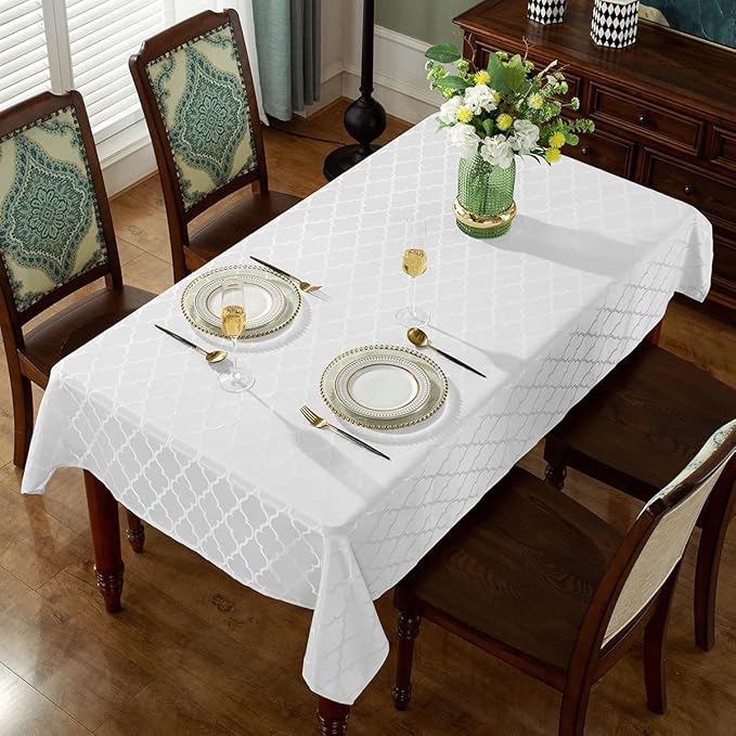 SASTYBALE Jacquard Tablecloth Rectangle Damask Pattern Table Cloth Spillproof Wrinkle Resistant Polyester Table Cover for Indoor and Outdoor Use (Rectangle/Oblong, 60" x 120" (10-12 Seats), White)