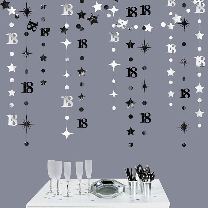 Silver Black 18th Birthday Decorations Number 18 Circle Dot Twinkle Star Garland Streamer Banner Backdrop for Girls Boys Happy 18th Birthday Time to Adult Cheers to 18 Years Old Anniversary Party