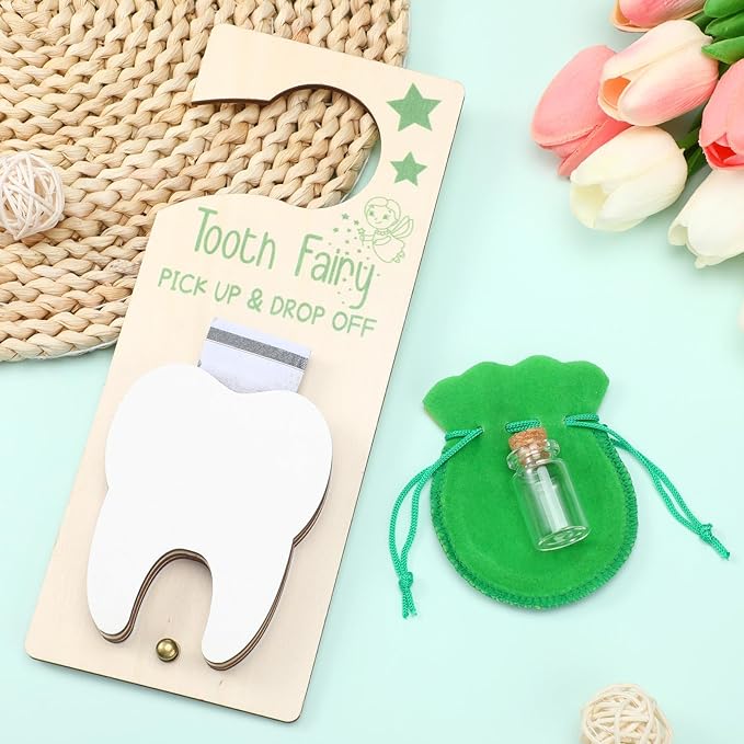 Tooth Fairy Holder Bag Hanger with Money Slot Keepsake Bottle Velvet Pouch Tooth Fairy Box Encourage Gift for Lost Teeth Boy Girl Milk(Classic,Green)