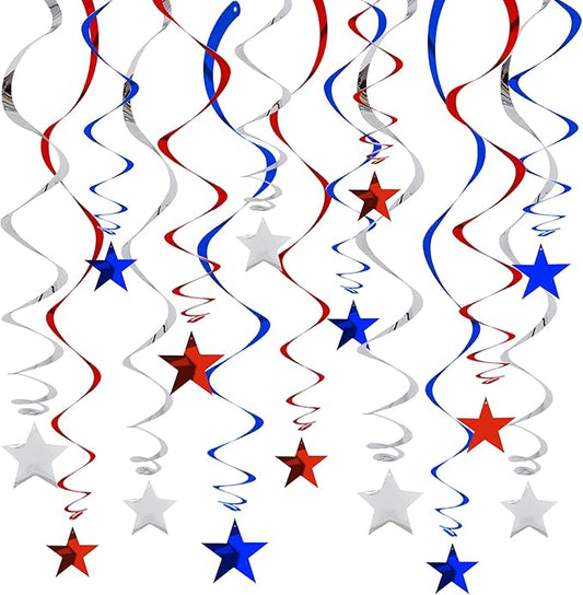 BEISHIDA Red Blue Silver Star Hanging Swirl Decorations,July 4th Hanging Party Supplies for July 4th Graduation Wedding Baby Shower Birthday Decorations,Pack of 15