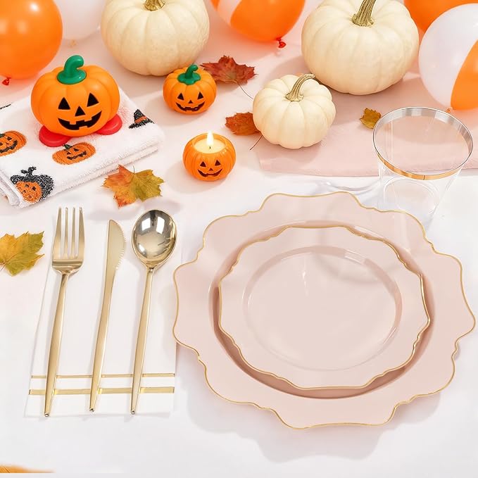 WDF 175Pcs Pink Plastic Plates - Pink and Gold Plates Disposable 25guest Plastic Dinnerware Ideal for Tea Party/Bridal Shower/Wedding/Baby Shower/Fall Pumpkin Baby Shower