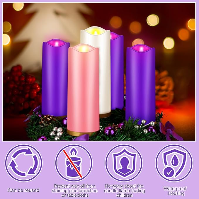 Tioncy 12 Inch Christmas Advent Wreath Candle Holder with 5 Flameless Candles Remote Control Wreaths Holder Centerpiece Decoration with Berries(Trendy,8 x 3 x 3 in)