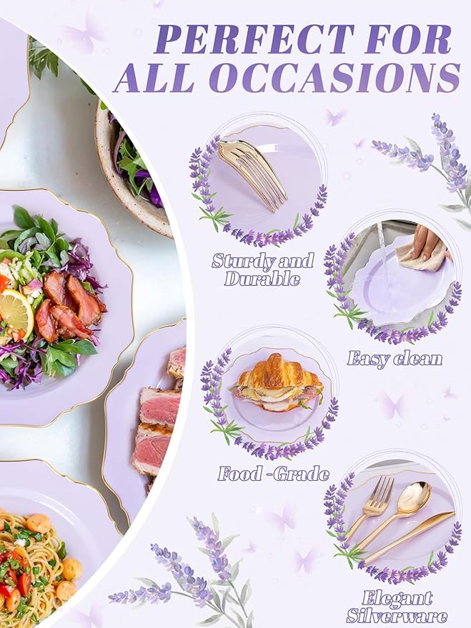 WDF 175Pcs Purple Plates Disposable - Lavender Plastic Plates 25guest Plastic Dinnerware Ideal for Birthday Party/Wedding/Spring/Picnic