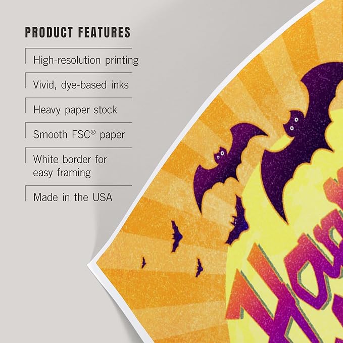 Lantern Press 12x18 Inch Art Print Wall Decor, Happy Halloween, Bats and Pumpkins