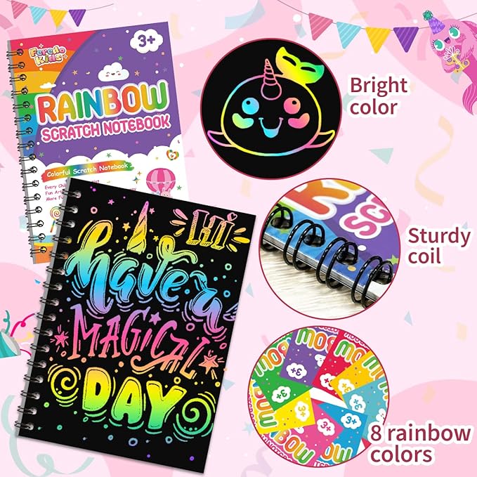 Kids Scratch Art Party Favors Gifts: 16 Pack Rainbow Scratch Notebook Paper Birthday Party Favor Toy Girls Boys Art Craft Kit Summer Classroom Goodie Bags Return Gifts for Birthday Party Favors Bulk