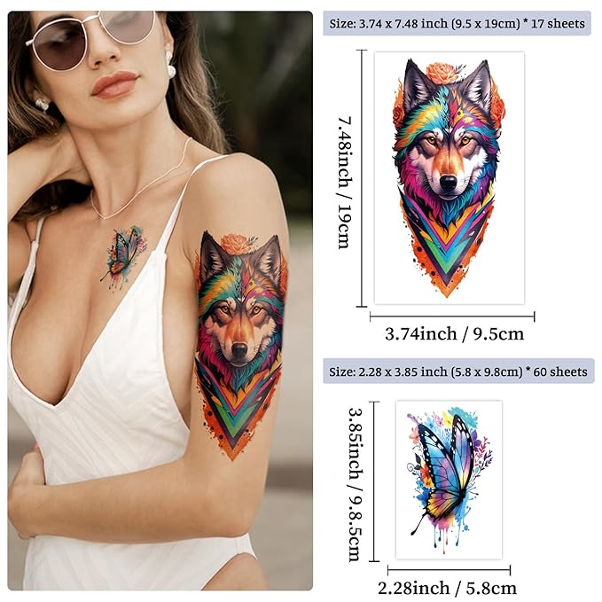 77 Sheets Flower Lion Tiger Temporary Tattoo for Women Men, 17 Sheets Half Arm Large Cat Owl Parrot Fake Tattoos, 60 Sheets Snake Wolf Feather Tiny for Adult Kids Body Tattoos Stickers Realistic
