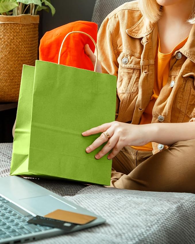 qiqee Forest Green Gift Bag with Handles Bulk 24Pcs Paper Bags -10.6"x8.3"x4.3"Party Favor Bags - Solid Color