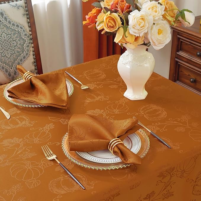 SASTYBALE Thanksgiving Tablecloths for Square Tables Jacquard Fall Table Cloth with Pumpkins and Vines Stain Resistant Table Cover for Autumn Harvest, Dining, Party Decor (52 x 52 Inch, Brown)