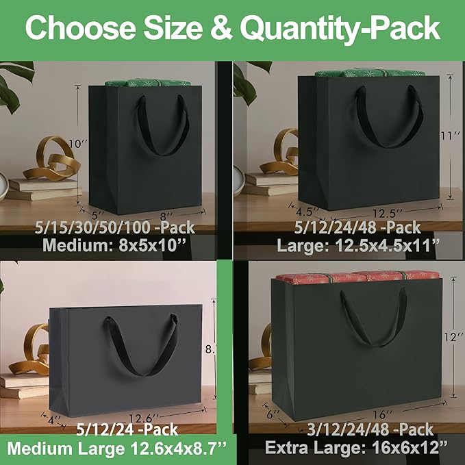 MOXARYSU Medium Large Black Gift Bags: 12.6x4x8.7 Inch 5pcs Black Paper Bags Bulk For Party Shopping Birthday Wedding (ML,5)