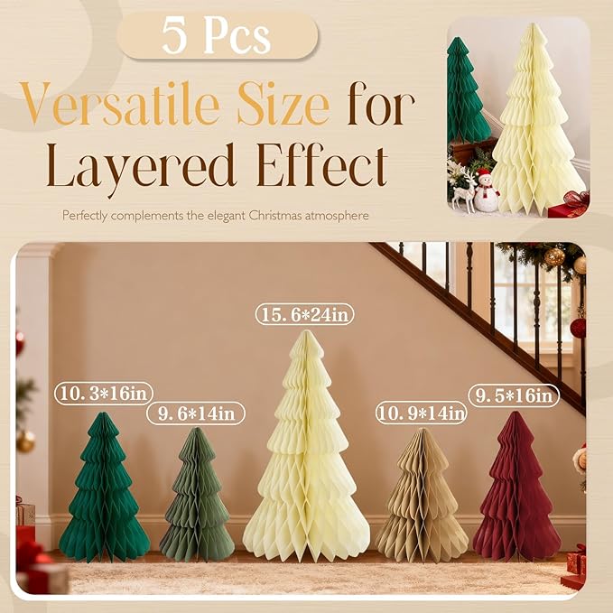 5Pcs Extra Large Christmas Table Decorations Paper Christmas Trees, Light Up Honeycomb Xmas Tree Centerpieces for Tables, Xmas Frozen Winter Wonderland Party Vintage Home Decor, 14/16/24 Inch