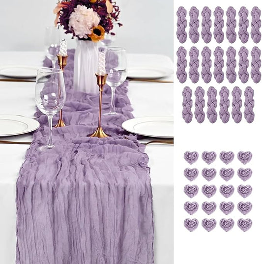 20PCS Grape Cheesecloth Table Runner 10ft Boho Gauze Fabric Cheese Cloth Table Runner Comes with 20 Cloth Napkins Runner for Romantic Wedding Birthday Shower Party Table Decoration