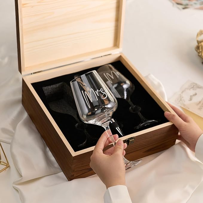 AW BRIDAL Mr and Mrs Wine Glasses Wedding Gifts for Couples 2025, Engagement Gift for Newlyweds, Bridal Shower and Bachelorette Gifts for Bride, Wine Opener Stopper and Engraved Wooden Keepsake Box