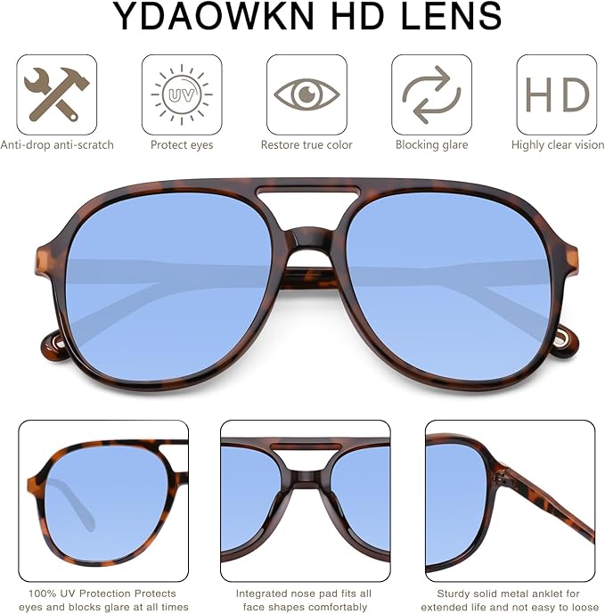 YDAOWKN Retro Square Aviator Sunglasses for Womens Mens Vintage 70s Double Bridge Sun Glasses