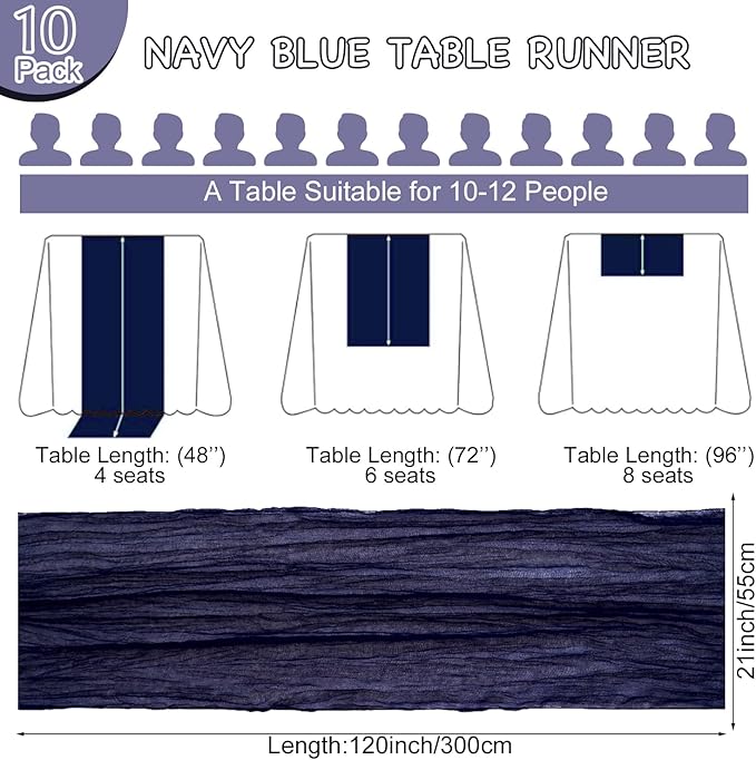 10 Pack Navy Blue Table Runner 120 Inch Cheesecloth Table Runner 10FT Boho Gauze Table Runner Long Cheese Cloth Table Runner Semi Sheer Runners for Wedding Bridal Baby Shower Party