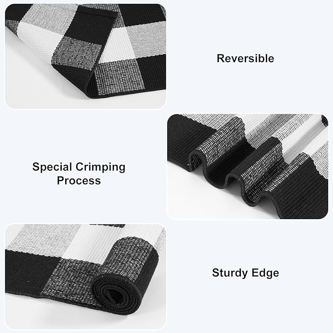 KIMODE Buffalo Plaid Outdoor Checkered Rug 24"x51", Christmas Door Mat Outside Entrance, Black and White Washable Farmhouse Layered Doormat for Front Door Porch Kitchen Entryway Christmas Decor