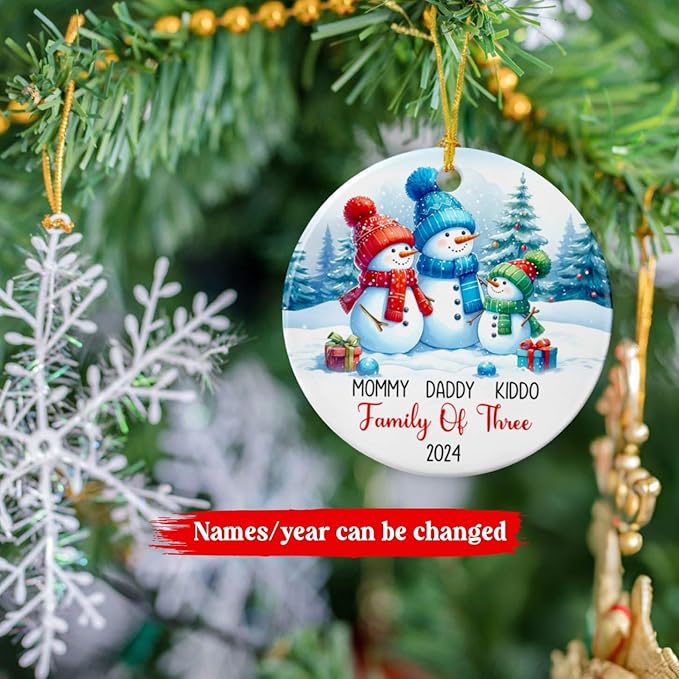 Personalized Snowman Family of Three Christmas Tree Ornament 2025, Dad Mom Baby Snowman Ceramic Ornament, 1st Xmas As a Family of 3 Ornament Gift, Custom Names Snowman Family Ornament Christmas