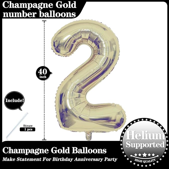 Champagne Gold 2 Number Balloons, 40 Inch Giant Number 2 Balloons Foil Mylar Helium Light Gold Number Balloons for 2th Birthday Party Supplies Anniversary Event Celebration Decorations