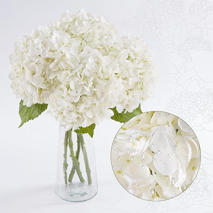 BonBloom's 4 Pcs White Hydrangea Artificial Flowers, 21" Stem Real Touch Latex Faux Hydrangeas Flowers for Tables Centerpieces, Outdoor Party Floral Arrangements Wedding Bouquets Home Decor