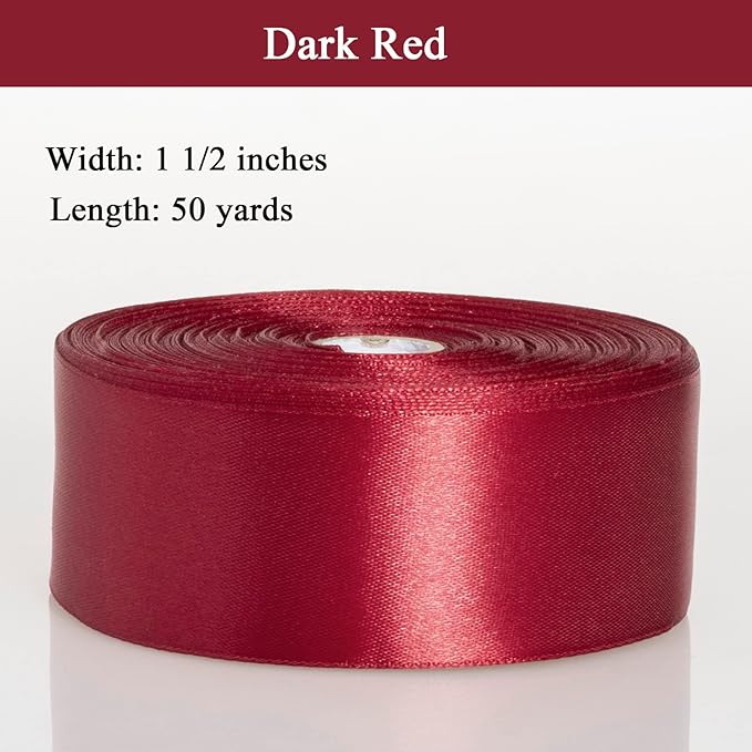 1 1/2 Inch Dark Red Solid Satin Ribbon, 50 Yards Craft Fabric Ribbon for Gift Wrapping Floral Bouquets Wedding Party Decoration