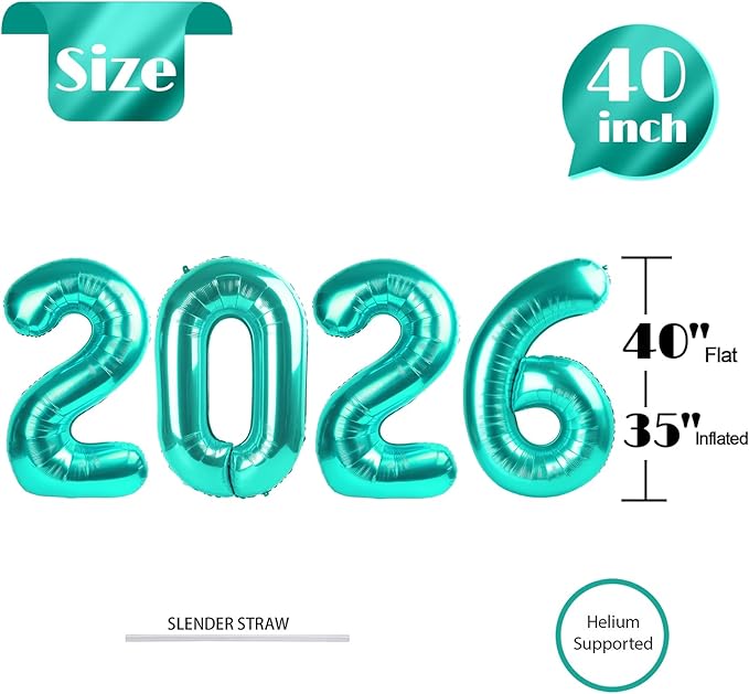 Teal 2026 Number Balloon, Teal Number Balloons 40 Inch, 2026 Balloon Birthday Decorations, 2026 Birthday Party Supplies