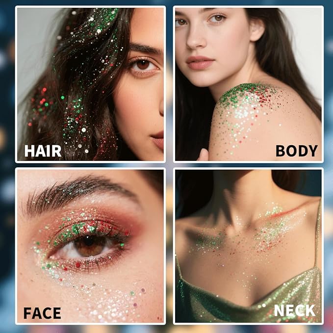 Mysense Red Silver and Green Body Glitter Stick, Christmas Makeup Face Hair Glitter for Kids Women, Stocking Stuffers Gift Decorations, Sparkling Chunky Glitter Makeup, 0.56oz