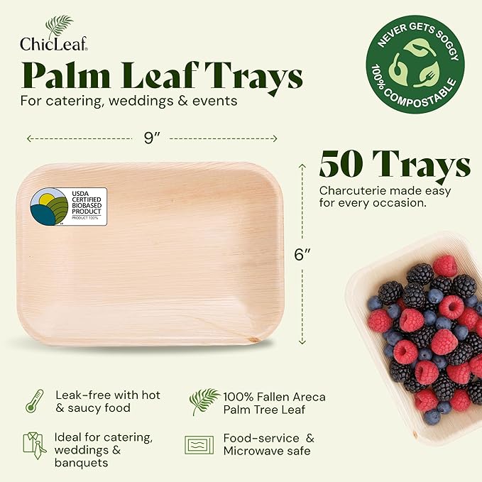 Chic Leaf 100% Compostable Disposable Palm Leaf Tray - Paper Plates Alternative - Thanksgiving Dinner Charcuterie Boards Accessories - Round Disposable Bamboo Plates (9'' x 6'' Party Pack, 50 Count)
