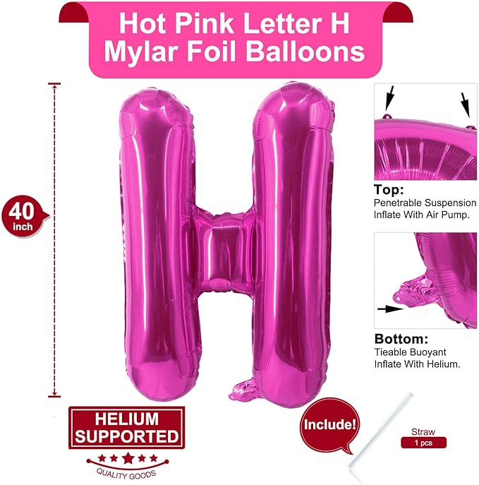 Lovoir 40 Inch Large Hot Pink Letter H Balloons Big Size Jumbo Mylar Foil Helium Balloon for Birthday Party Celebration Decorations Alphabet Hot Pink H