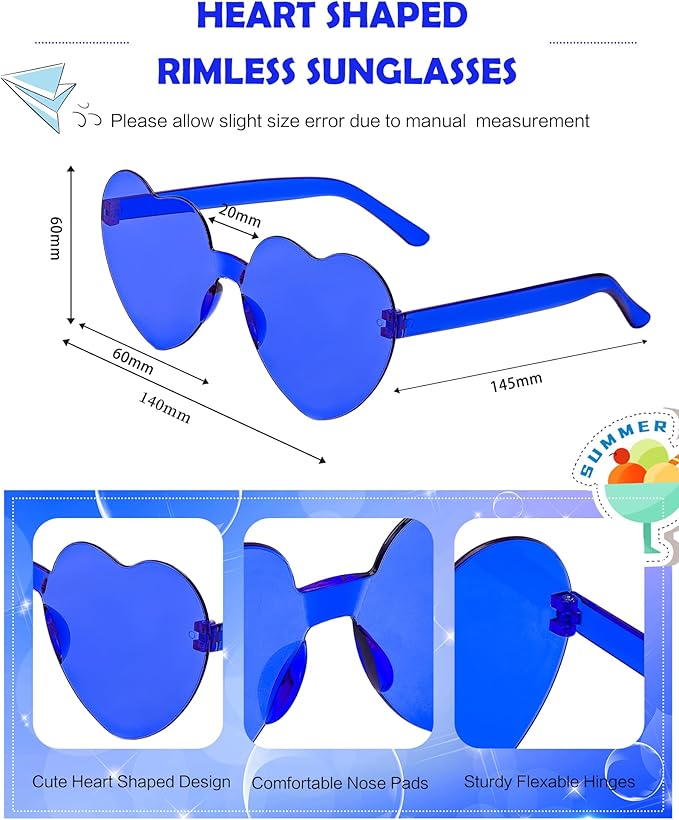 40 Pairs Heart Shaped Sunglasses Bulk, Colorful Rimless Fun Heart Sunglasses for Women Party Favors