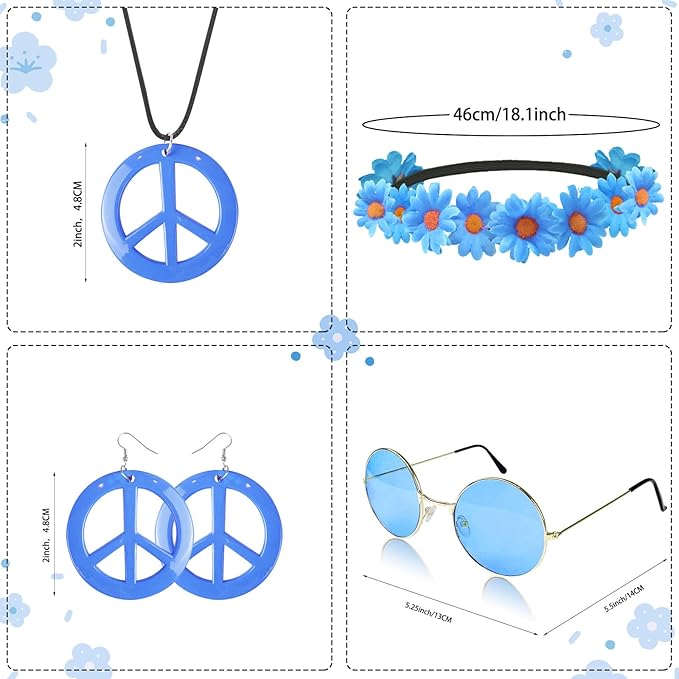 Hippie Costume Set Includes Peace Sign Necklace and Earring, Flower Crown Headband and Sunglasses 60s 70s Party Accessories