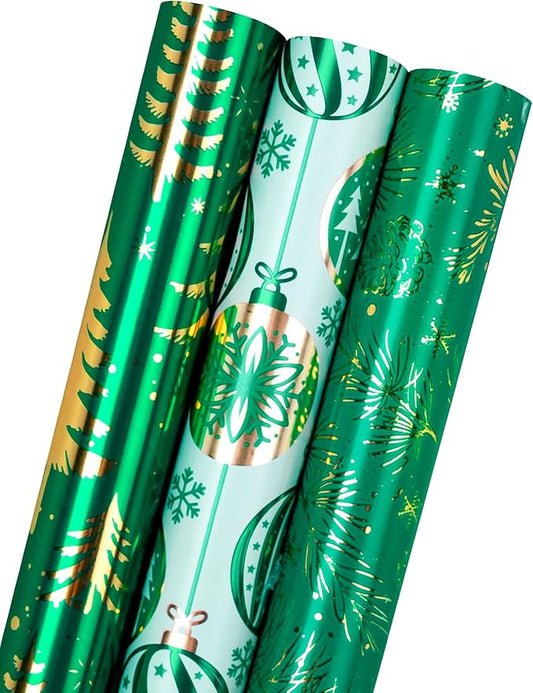 MAYPLUSS Christmas Wrapping Paper Roll - Mini Roll - 17 inch X 120 inch Per roll - 3 Different Green Design with Glitter Metallic Foil Shine (42.3 sq.ft.ttl)