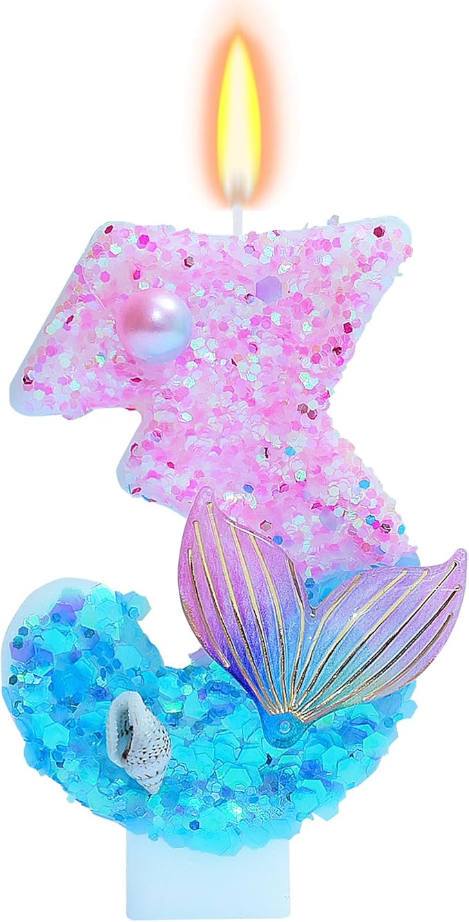 Mermaid Themed Birthday Candles, Number 3 Girls Glitter Birthday Party Supplies,Anniversary Party Decor,2.87 inch Cake Topper Decorations (Mermaid Themed, Number 3)