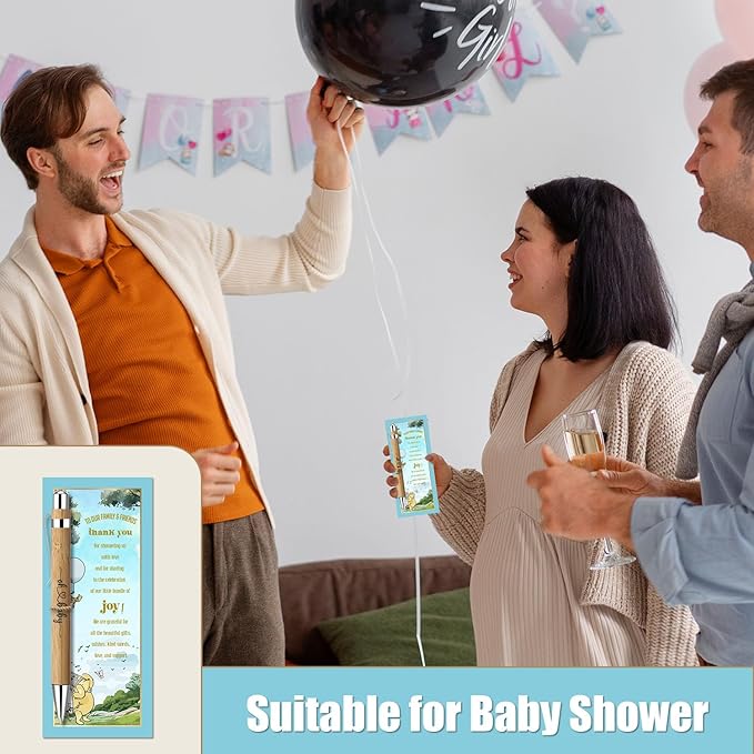 Toerifer Winnie Baby Shower Set, 30 Pcs Thank You Gifts, Bamboo Pens, Greeting Cards, Gender Reveal Souvenirs