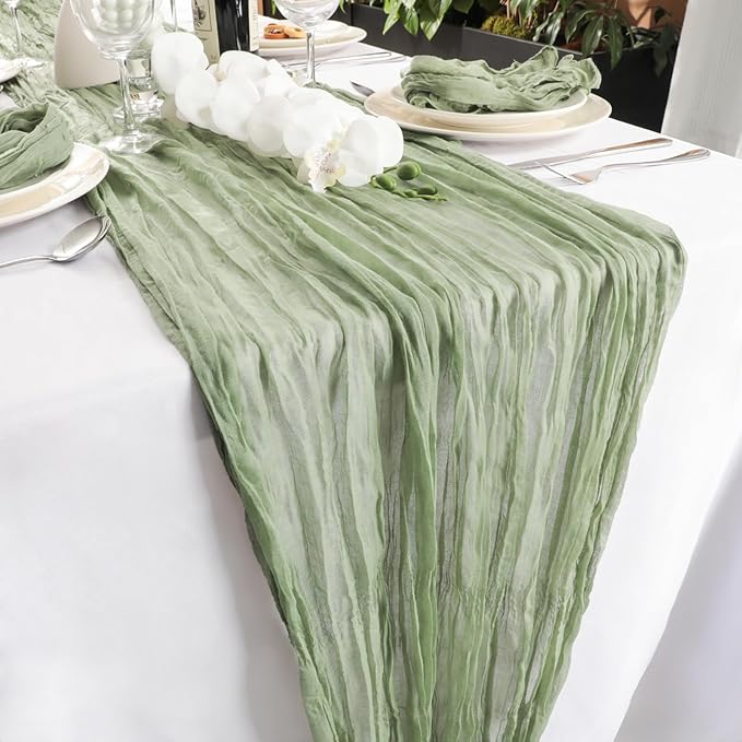 NESCCI 2 Pack Sage Green Table Runner,Rustic Boho Cheesecloth Table Runner,35x120 Inches Runners for Tables, Pefect for Mothers Day Wedding Baby Shower Birthday Party Home Decorations