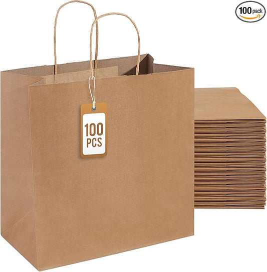 PAICUIKE 100Pcs Brown Paper Bags with Handles, Large 11x6x11 Inch Kraft Grocery Shopping & Retail Merchandise Bag, Gift Bags Bulk for Weddings, Parties, Baking