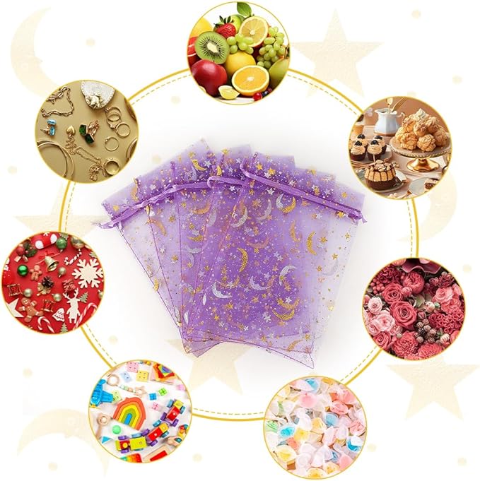 Moon Star Organza Bags 4x6 Small Mesh Bag Drawstring 50 Pcs Mesh Gift Bags Drawstring Pouch Wedding Favor Bags Jewelry Pouches Bulk Gift Pouch for Candy Soaps Birthday Festival Party Supplies, Purple