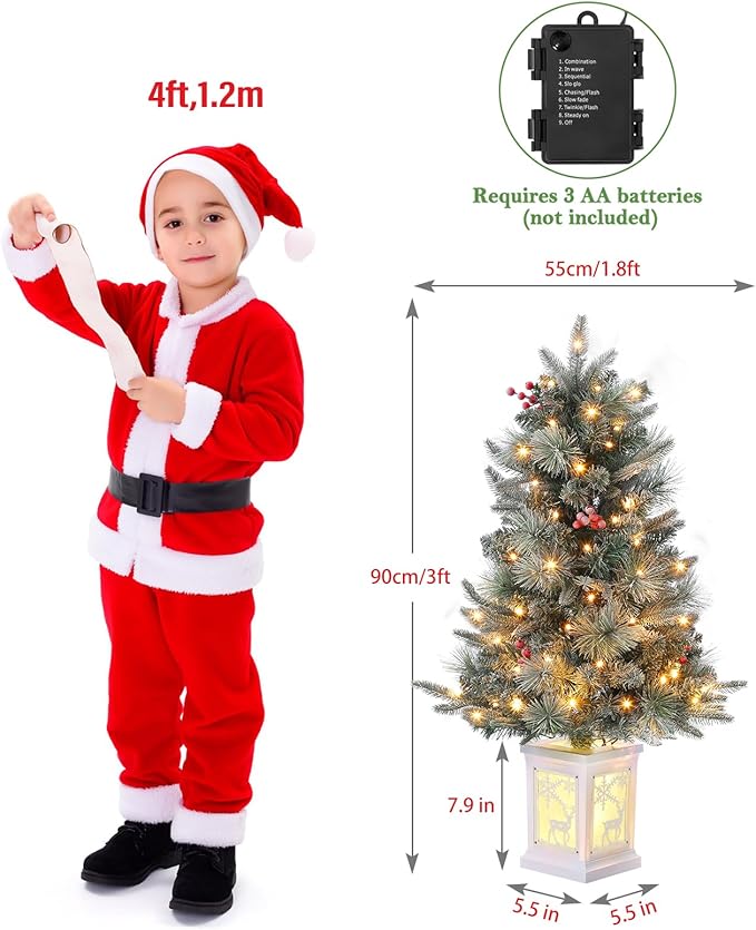 GarveeHome 3 ft Prelit Christmas Tree with 78 Warm Lights & Red Berry, Artificial Xmas Trees with Elk Light Box Base, for Home, Office, Fireside Christmas Decoration, Set of 2