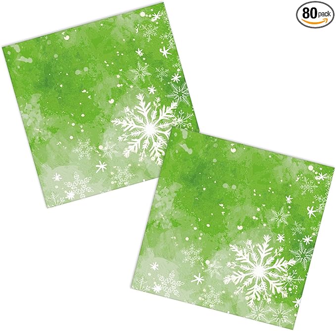 Christmas Paper Napkins Green, Snowflake, Watercolor 80 Pieces Party Disposable Paper Luncheon Napkins for Christmas, Happy New Year