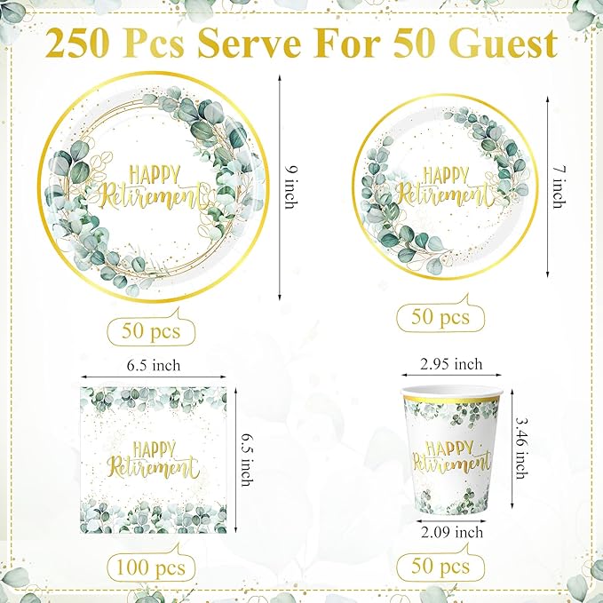 250 Pcs Sage Green Retirement Party Decorations Happy Retirement Paper Plates Napkins and Cups Greenery Gold Tableware Set for Women Men Coworker Goodbye Going Away Party Supplies, Serves 50