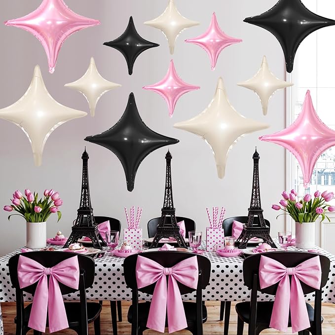 Pink Black Star Balloons,12Pcs Four Angle Star Foil Balloons,26Inch and 10Inch Pink White Quadrangle Helium Balloon for Birthday Baby Shower Anniversary Party Decorations