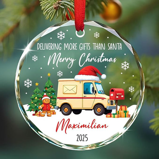 2025 Personalized Mail Carrier Christmas Glass Ornament, Delivering More Gifts Than Santa Merry Christmas Ornament Gift for Postal Worker, Custom Name & Year Mailman Ornaments Xmas Tree Decor
