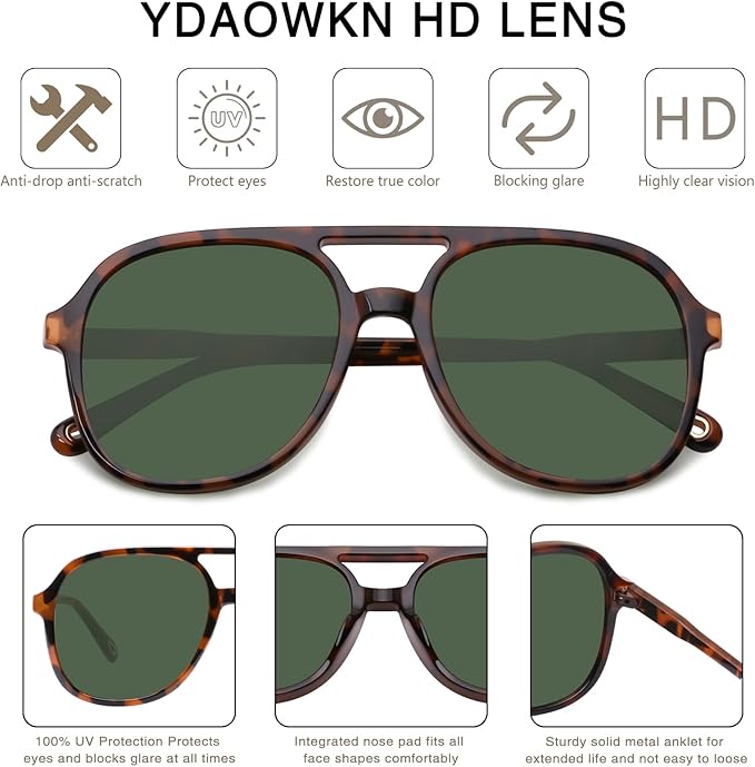 YDAOWKN Retro Square Aviator Sunglasses for Womens Mens Vintage 70s Double Bridge Sun Glasses