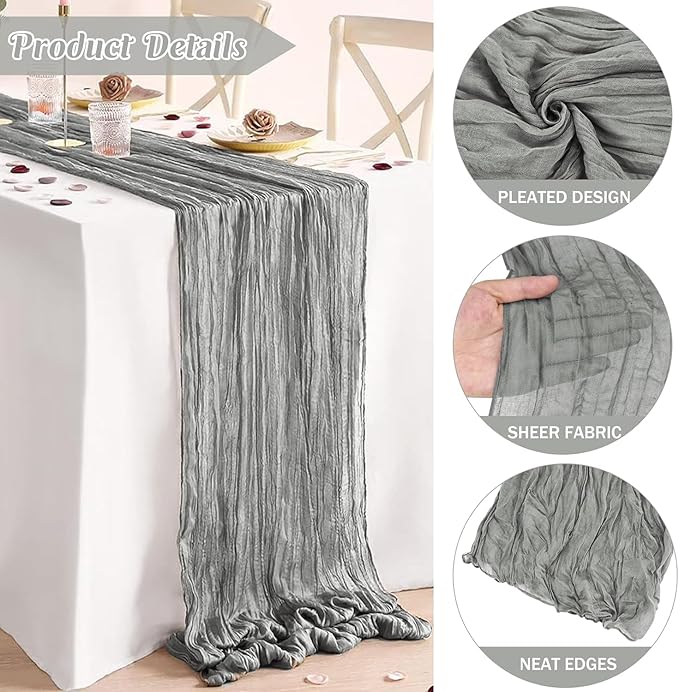 12 Pack Cheesecloth Table Runner, 35x120 Inch Boho Gauze Fabric Table Runner 10ft Rustic Sheer Runner for Wedding Party Baby Shower Table Decor (Grey)