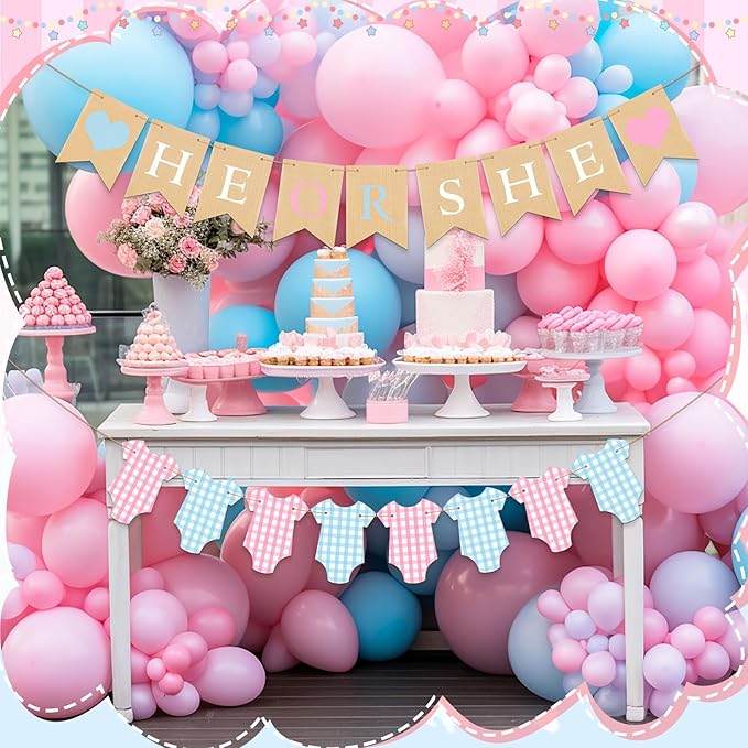 2 Pcs Gender Reveal Decorations Pre-strung He or She Burlap Banner Sign Glitter Baby Suit Bodysuits Banner Girl or Boy Garland for Gender Reveal Baby Shower Birthday Party Decorations
