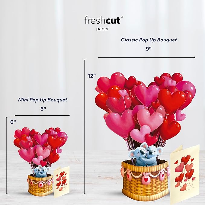 Freshcut Paper Pop Up Cards, Mini Heart Balloons, 6 Inch Mini Sized 3D Popup Greeting Cards, Valentine's Day, Anniversary Card, Blank Notecard & Envelope