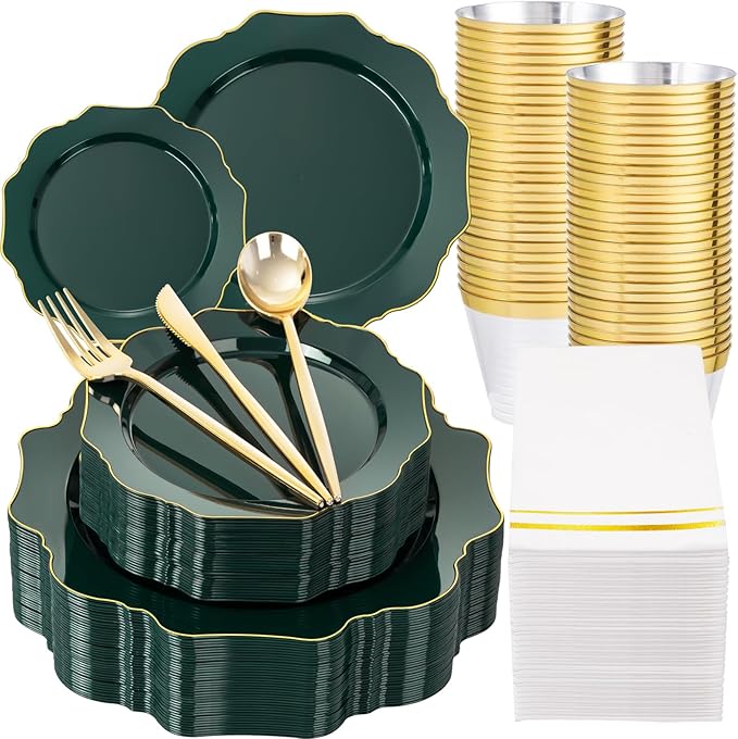 WDF 175Pcs Green Plastic Plates - Green Plates Disposable with Gold Rim - Christmas Plastic Plate - Fancy Disposable Dinnerware Sets 25 Guests Ideal for Christmas/Party/Wedding