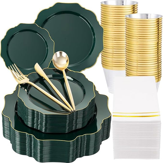 WDF 175Pcs Green Plastic Plates - Green Plates Disposable with Gold Rim - Christmas Plastic Plate - Fancy Disposable Dinnerware Sets 25 Guests Ideal for Christmas/Party/Wedding