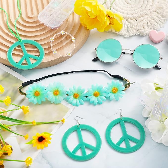 Batiyeer 6 Pcs Hippie Costume Accessories Set, Boho Peace Sign Daisy Flower 60s 70s Party Favors Decor for Groovy Party Women(Lake Blue)