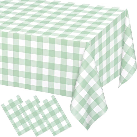 WNINK 3 Pack Sage Green Checkered Rectangular Plastic Tablecloths, Green Gingham Waterproof Disposable Table Covers 54" x 108" for Birthday, Baby Shower, Wedding, Outdoor Picnic Parties